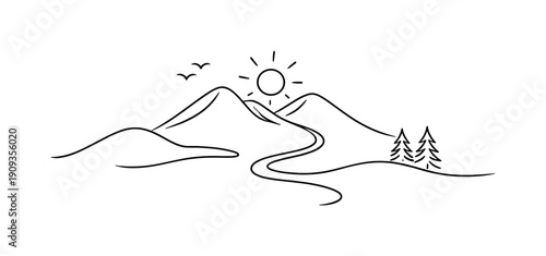 "Symbolic Landscape". Minimalistic one-line drawing natural elements implied through minimal curves and