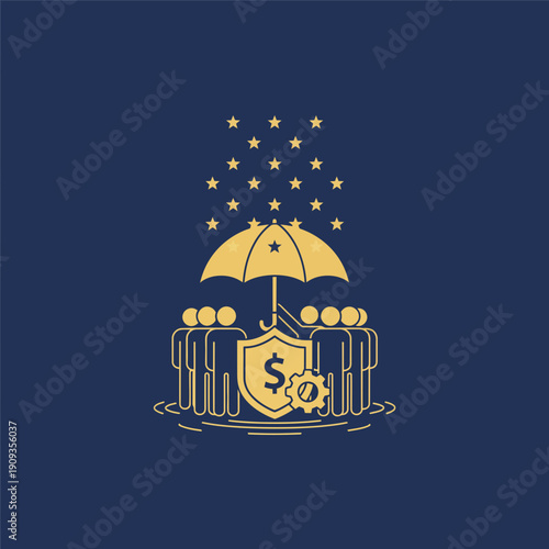 Financial security for a group of people under an umbrella, with a shield and stars, symbolizing protection and prosperity