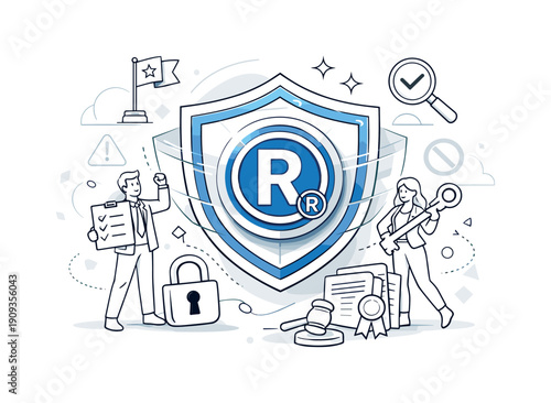 Trademark Security. Registered mark highlighted with protective layers, warning symbols fading away. Sense of