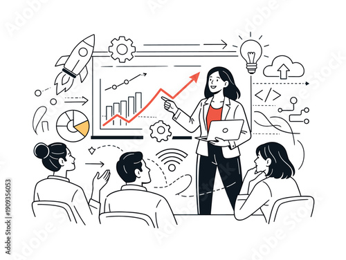 Female leadership in technology. Woman presenting data on a screen, charts and symbols aligning clearly as