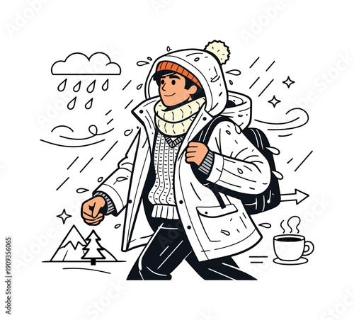 Rainy Day Fashion. Cold and rainy fashion. Person wearing a raincoat over warm layers, water drops bouncing