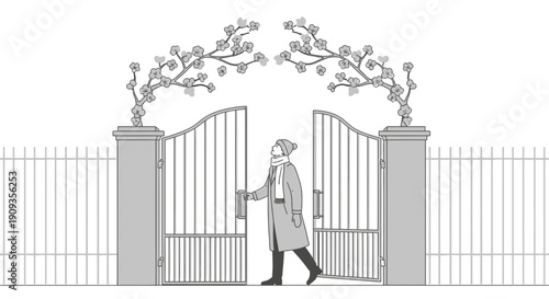Person Entering Open Garden Gate with Floral Archway in Minimalist Style