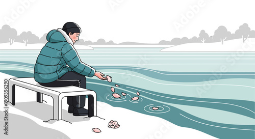 Person Feeding Swans on Frozen Lake in Winter Park