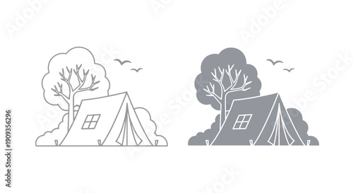 Vector Illustration of a Tent and Tree in a Serene Landscape
