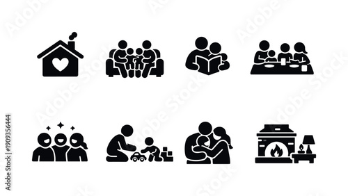 Quality time at home. Filled icon set of Quality time at home: cozy house, family sofa time, reading together,