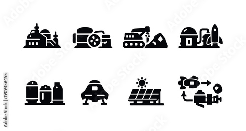 Space resource utilization. Filled icon set of Space resource utilization: in situ resource utilization plant,