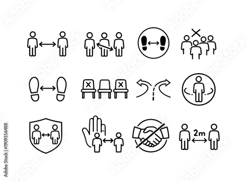 Social Distancing. Line outline icon set of Social Distancing: people apart arrows, distance markers, limited