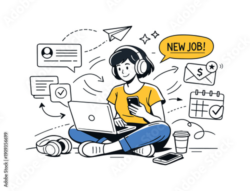 Remote gigs and freelance work. Minimal workspace with laptop, headphones, and phone, job offers and messages