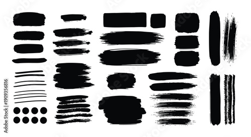 A collection of various black brush strokes and shapes on a white background.
