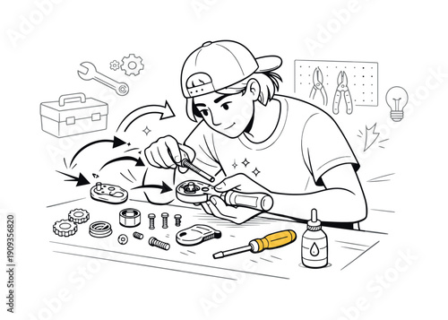 Fixing hand tools. Person repairing a tool at a workbench, parts aligned neatly, arrows showing step-by-step