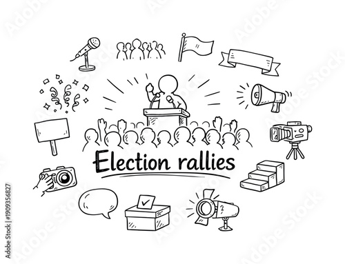 Election rallies. Hand-drawn doodle illustration of Election rallies. In the middle, one slightly larger