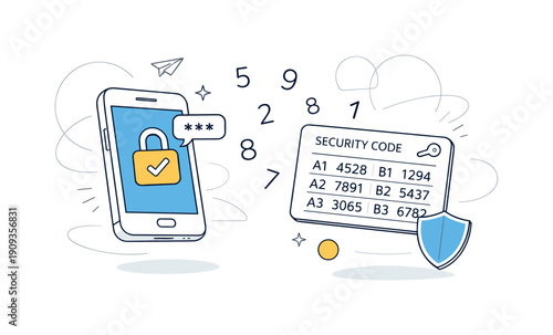 Two-Factor Authentication. Phone and security code card floating side by side, numbers gently appearing in the
