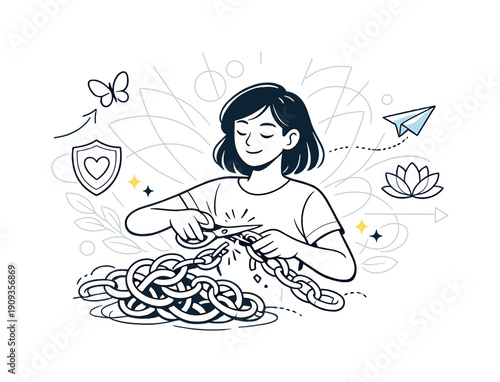 Letting go and healing. Person gently cutting abstract chains or knots, calm facial expression, light shapes