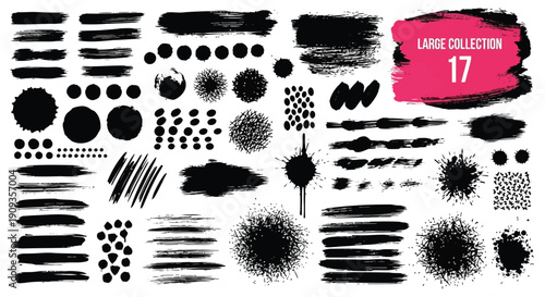 A diverse collection of black brush strokes and shapes on a white background with a pink label.