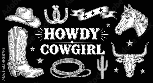 A cowgirl's gear and horse head illustration with cowboy boot, hat, lasso, and cattle skull on black