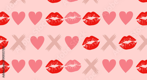 A vibrant illustration of lips, hearts, and X's arranged in rows on a soft pink background for a playful design