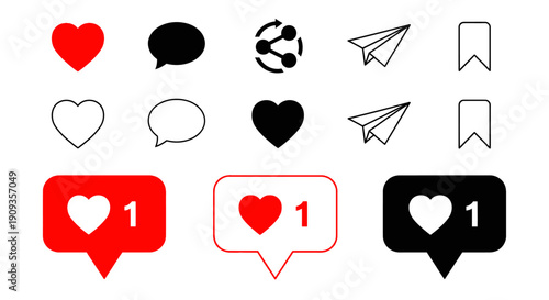 Social media symbols and icons are displayed on a white background