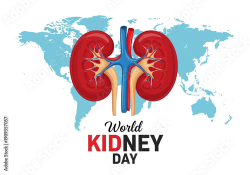 World kidney day illustration with human kidney crosssection and world map