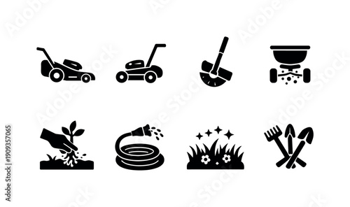 Lawn Care Icons. Lawn maintenance. Filled icon set of Lawn maintenance: grass cutting, push mower, lawn edging