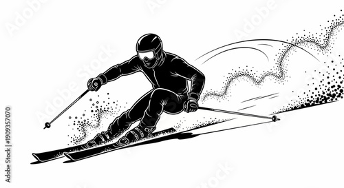 Skier in action speeding down snowy slope with goggles and poles