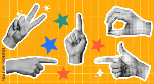 Hands making gestures with fingers on colorful star background