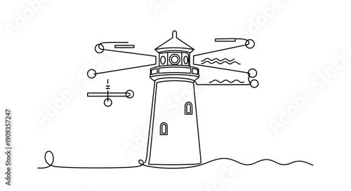A serene lighthouse stands on the rocky coastline at sunset with seagulls flying overhead.