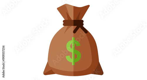 Brown money bag with green dollar sign tied with a brown rope on white background
