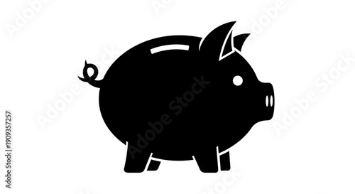 Black piggy bank silhouette facing right on white background with curled tail