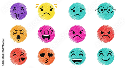 A vibrant illustration of various emoticon faces expressing different emotions and reactions.