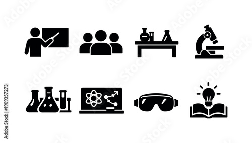 A teacher explaining a complex concept to students in a science laboratory. Filled icon set of A teacher