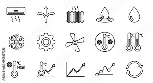 Heating and cooling system icons illustrate temperature control devices and symbols.