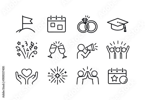 Wallpaper Mural Life celebrations. Line outline icon set of Life celebrations: milestone flag, anniversary calendar, wedding Torontodigital.ca