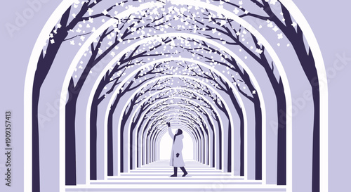 Person in White Coat Reaching Up in Snowy Tree Tunnel Archway