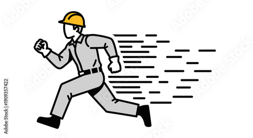 Man wearing hard hat runs quickly with motion lines behind him