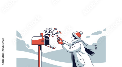 Person in Winter Clothes Checking Snow-Covered Mailbox with Berries