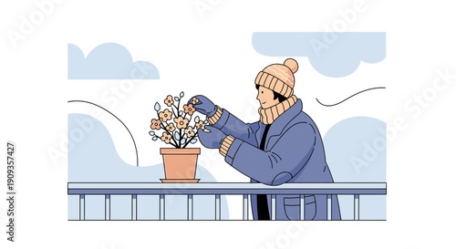 Person in Winter Attire Tending to Potted Flowers on Balcony