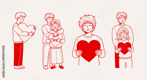 Illustration of people holding hearts in a loving family environment