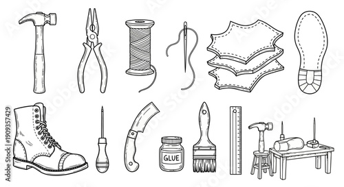 A collection of various tools and equipment for repair and crafting on a workbench