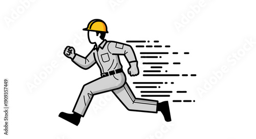 A construction worker wearing a yellow hard hat is running quickly.