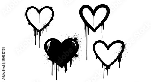 Four hearts with dripping paint in different styles and colors are shown