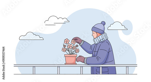 Person in Winter Clothes Tending to Potted Flowers on Balcony