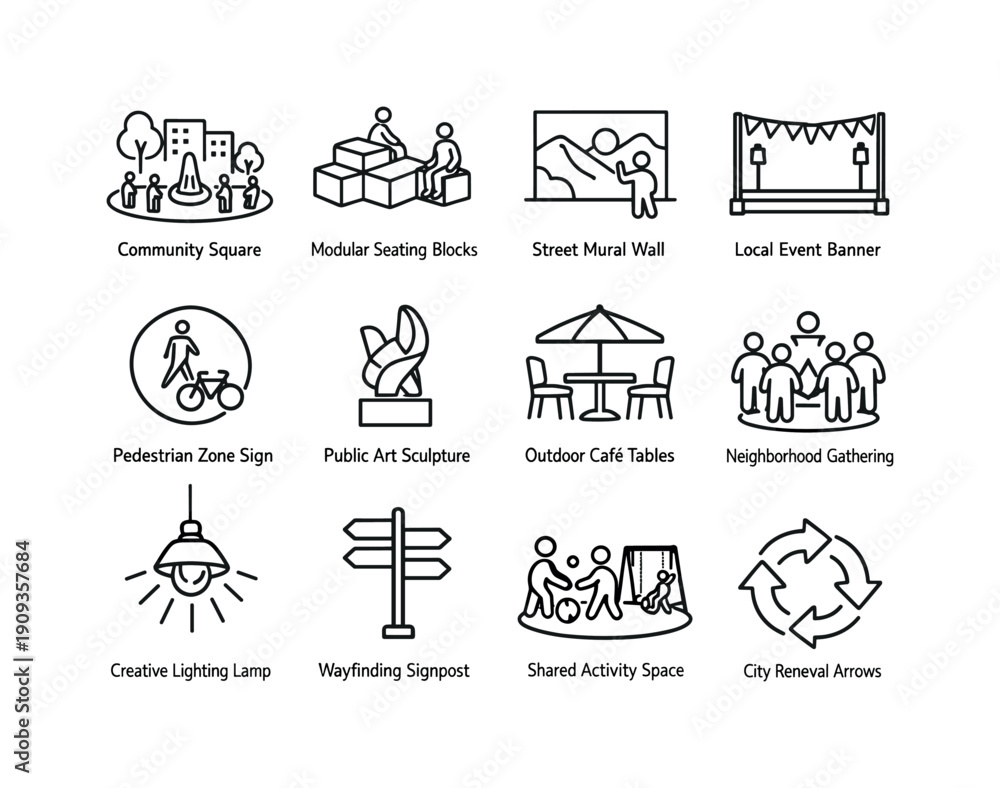 custom made wallpaper toronto digitalUrban placemaking ideas. Line outline icon set of Urban placemaking ideas: community square, modular seating