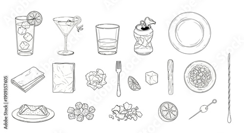 A collection of bar essentials, including cocktail glasses, napkins, garnishes, and bar tools, perfect for beverage service and hospitality