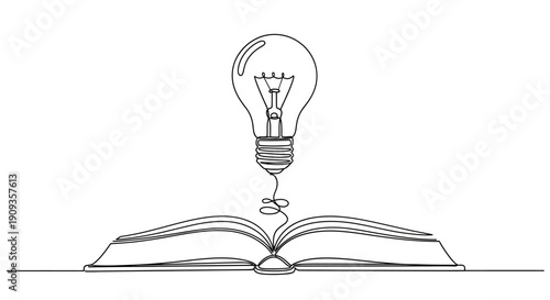 Illustrative concept of learning and innovation depicted by an open book with a glowing light bulb above it, symbolizing new ideas and knowledge acquisition