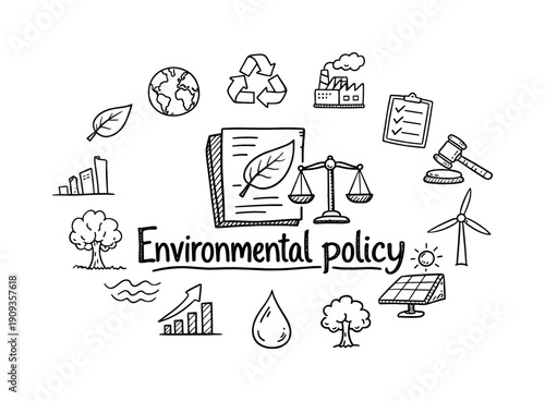 Environmental policy. Hand-drawn doodle illustration of Environmental policy. In the middle, one slightly