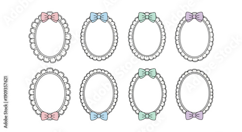 Elegant set of eight decorative oval picture frames with delicate scalloped borders and colorful pastel bows, ideal for various design projects and invitations