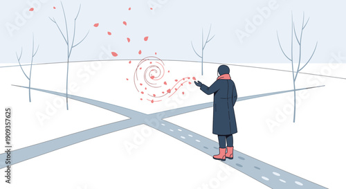 Person in Winter Coat Creating Swirling Petals on Snowy Crossroad