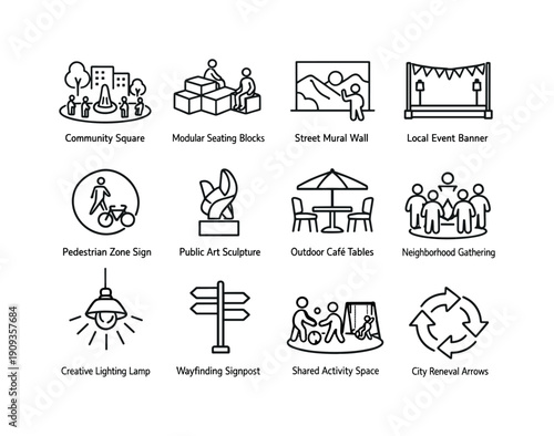 Urban placemaking ideas. Line outline icon set of Urban placemaking ideas: community square, modular seating