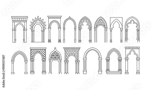 Islamic architectural arches and columns illustrations