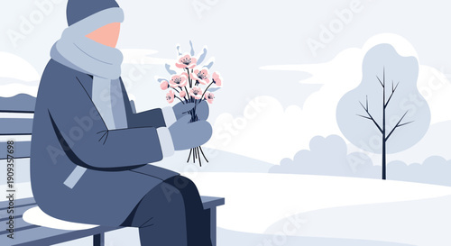 Person in Winter Coat Holding Bouquet of Flowers on Snowy Bench